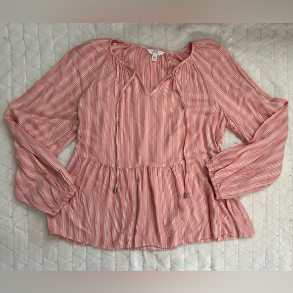 Time and Tru Pink & White Striped Top with Tie Detail & Bell Sleeves Size Small - Picture 3 of 8